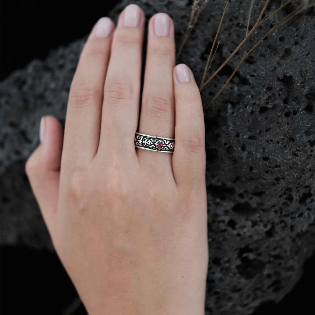 Ruby Engagement Ring “Dusk” on hand