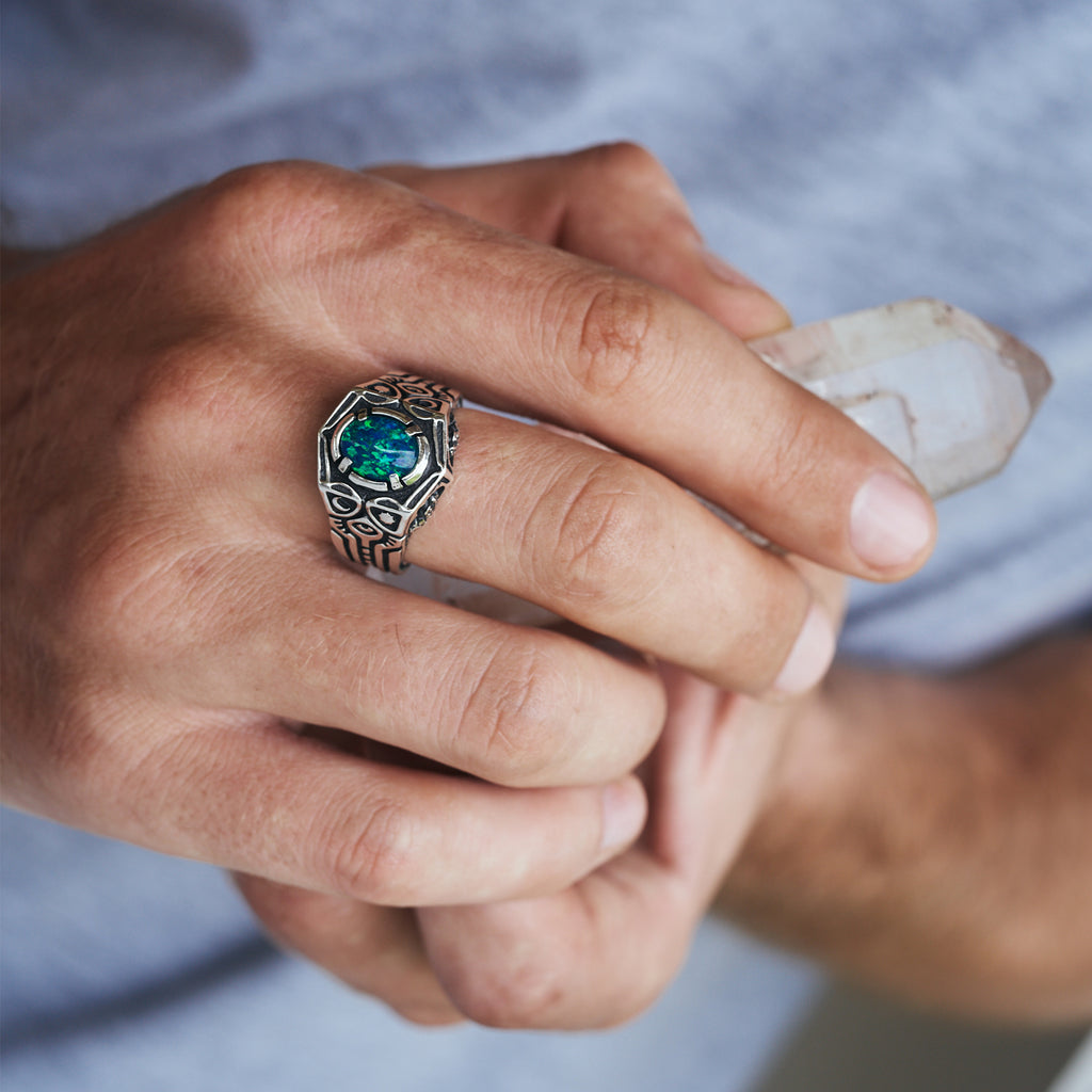 Mens Ring With Snakes and Boulder Fire Opal “Shamania”