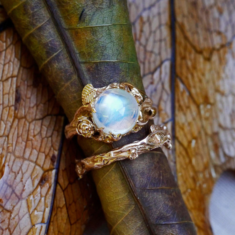 Rose Gold Rainbow Moonstone Engagement Ring Set of 2 "Cleo+Mio" - blacktreelab