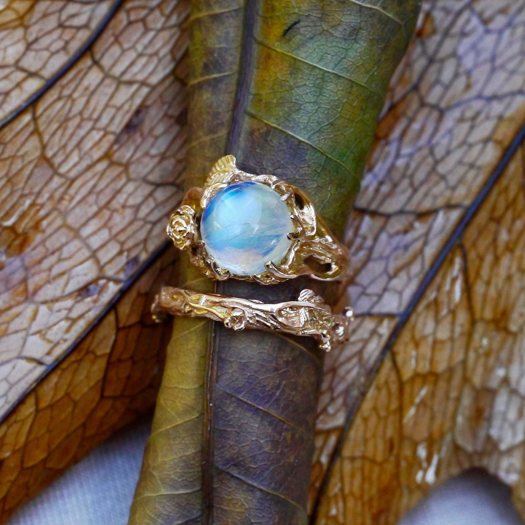Rose Gold Rainbow Moonstone Engagement Ring Set of 2 "Cleo+Mio" - blacktreelab