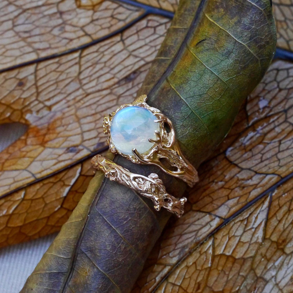 Rose Gold Rainbow Moonstone Engagement Ring Set of 2 "Cleo+Mio" - blacktreelab