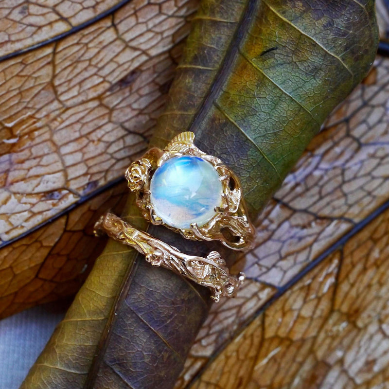 Rose Gold Rainbow Moonstone Engagement Ring Set of 2 "Cleo+Mio" - blacktreelab