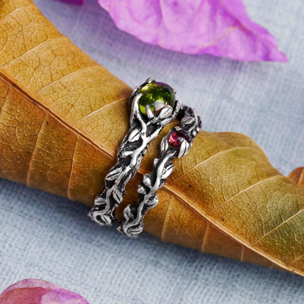 Set of 2 Vita + band Engagement Ring Set with Tourmaline and Chrysolite - blacktreelab