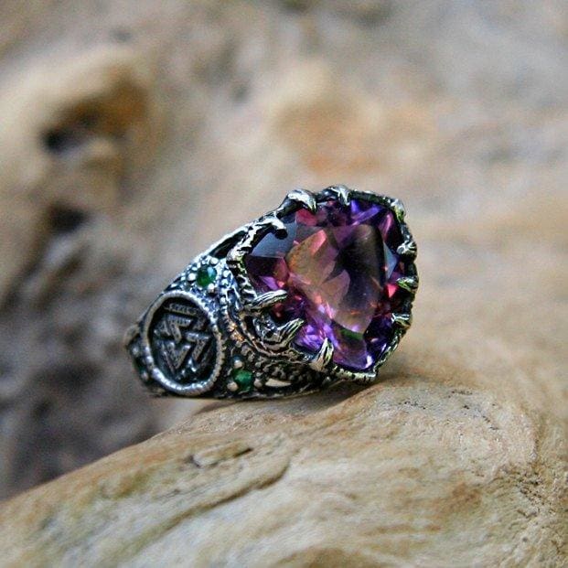 Sterling Silver Amethyst Ring with 6 Emeralds "Portal" - blacktreelab