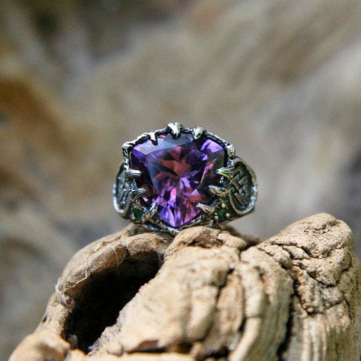 Sterling Silver Amethyst Ring with 6 Emeralds "Portal" - blacktreelab
