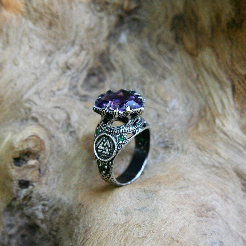 Sterling Silver Amethyst Ring with 6 Emeralds "Portal" - blacktreelab
