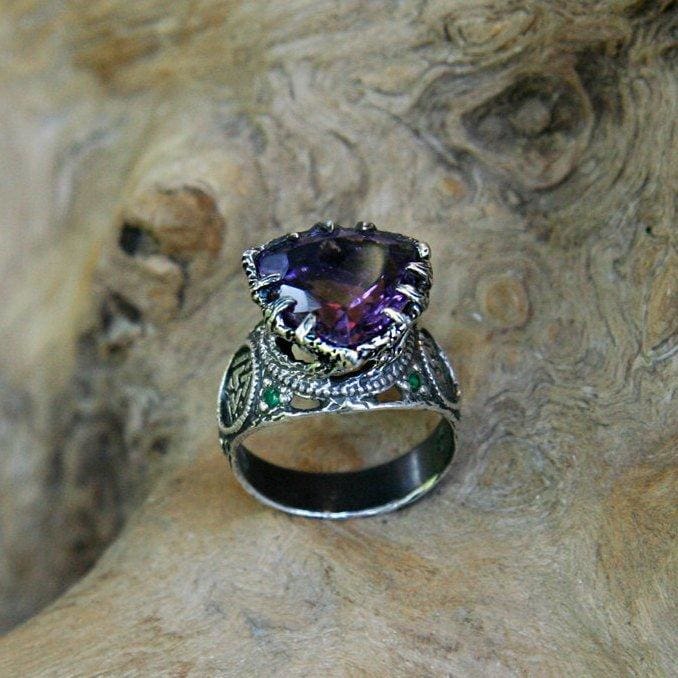 Sterling Silver Amethyst Ring with 6 Emeralds "Portal" - blacktreelab