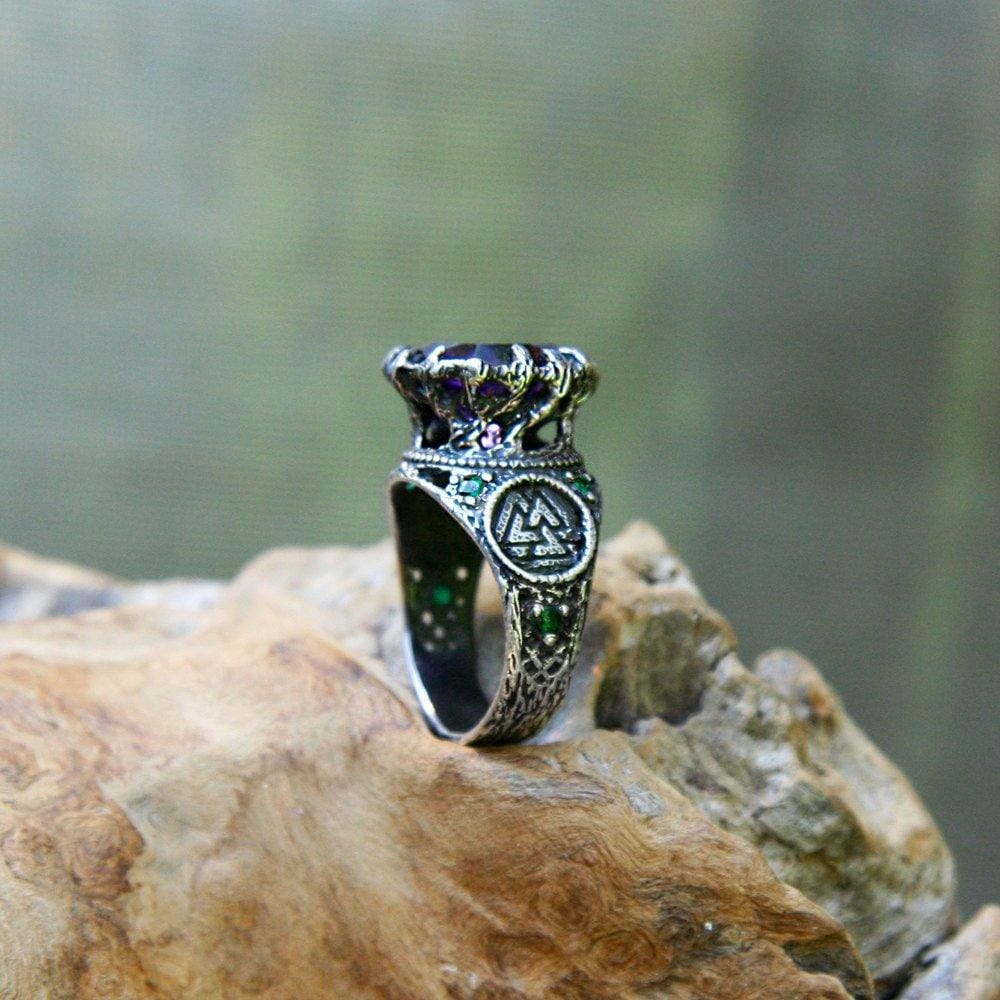 Sterling Silver Amethyst Ring with 6 Emeralds "Portal" - blacktreelab