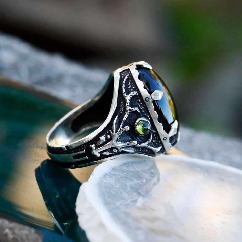 Sterling Silver "Deer" Ring with Obsidian - blacktreelab