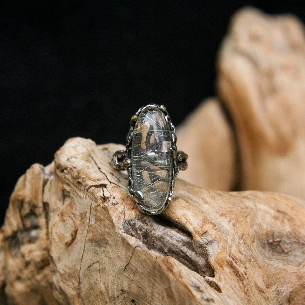 Sterling Silver Golden Rutilated Quartz Ring "Sunbeam" with 5 yellow sapphires - blacktreelab