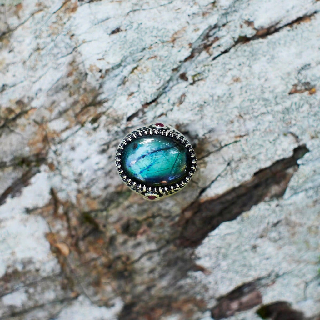 Sterling Silver Labradorite Ring with Garnet "Goddess Isis" - blacktreelab