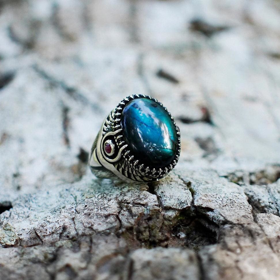 Sterling Silver Labradorite Ring with Garnet "Goddess Isis" - blacktreelab