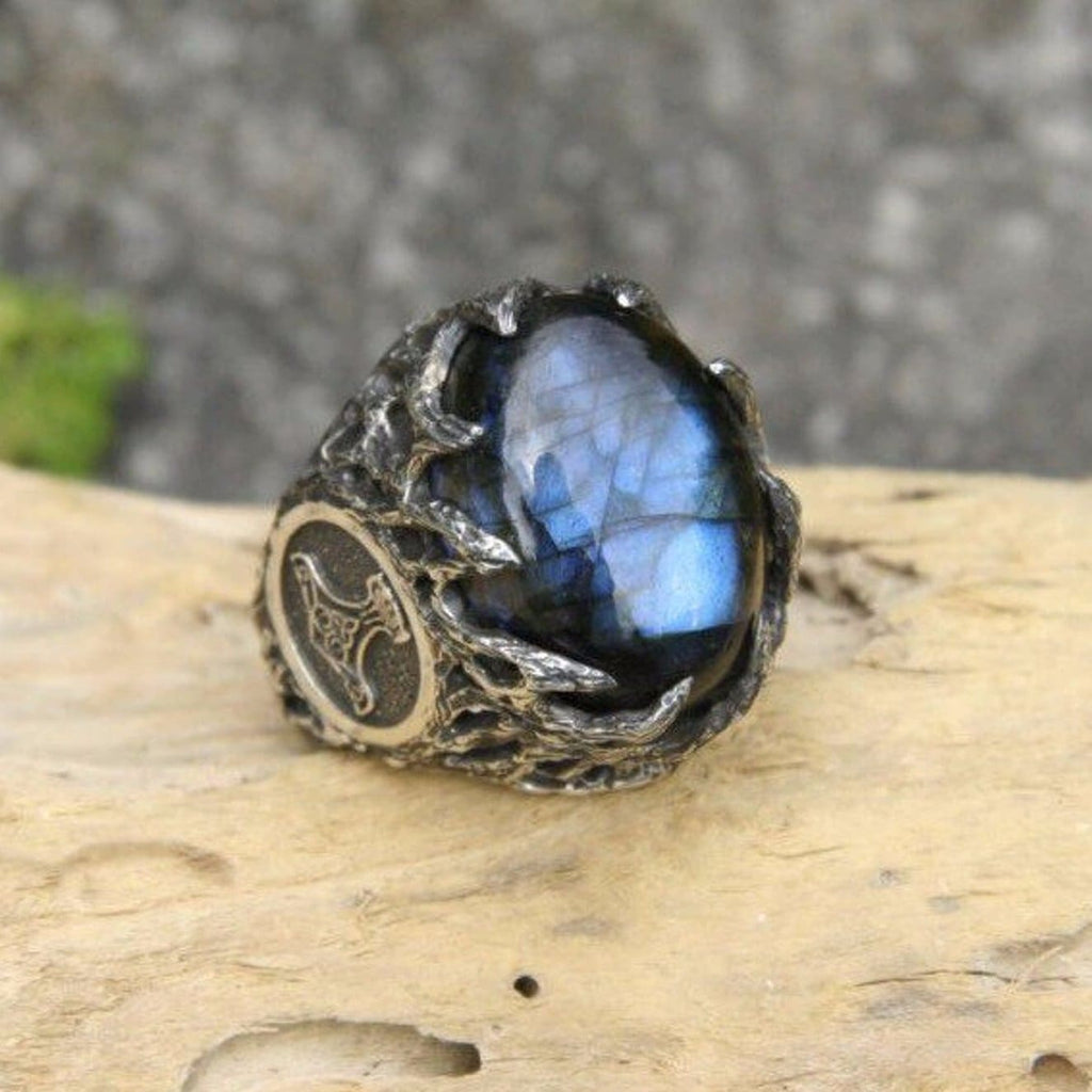 Sterling Silver Mens Labradorite Ring "Thor's Hammer" - blacktreelab