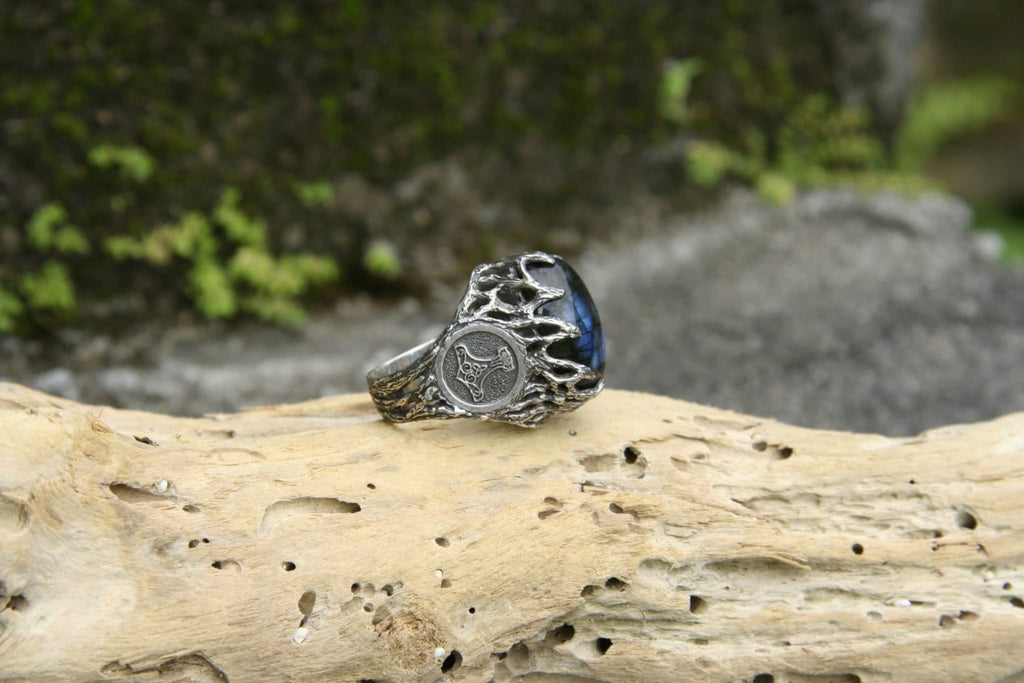 Sterling Silver Mens Labradorite Ring "Thor's Hammer" - blacktreelab
