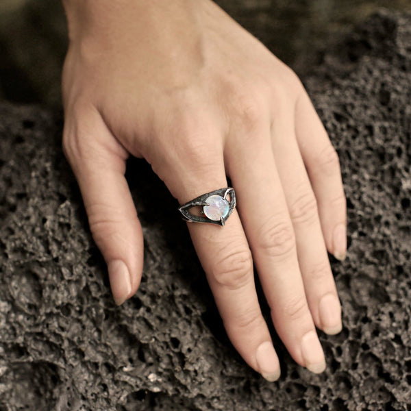Sterling Silver Rainbow Moonstone Ring "Atlantida" - blacktreelab