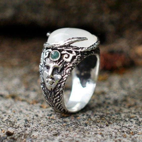 Sterling Silver Rainbow Moonstone Ring with Aquamarines "Aurora" - blacktreelab