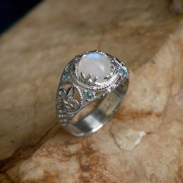 Sterling Silver Rainbow Moonstone Ring with Blue Topaz "Snow Queen" - blacktreelab