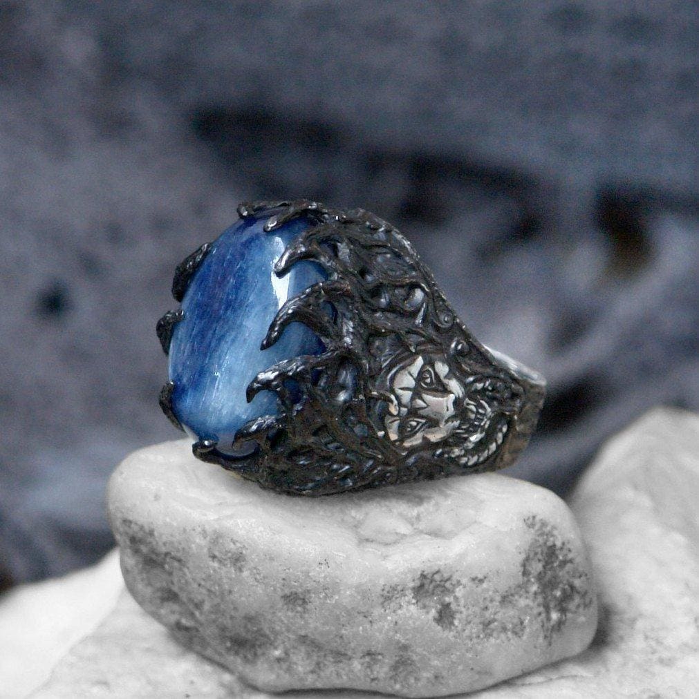 Sterling Silver Ring with Kyanite "Wise Lion" - blacktreelab