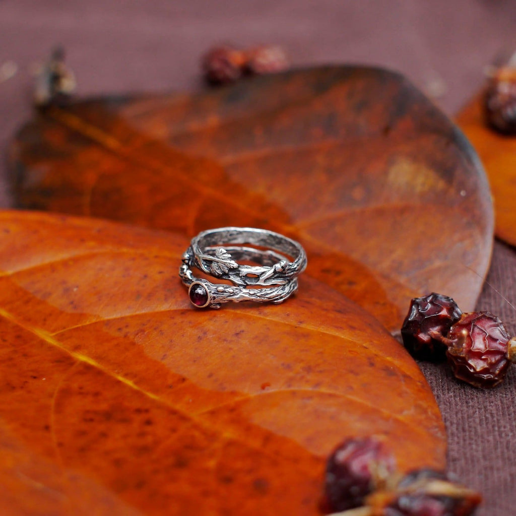 Sterling Silver Rings Set of 2 "Dew" with Garnet and "Mio" Rings - blacktreelab