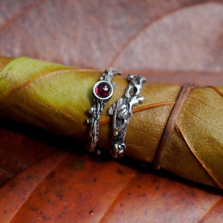 Sterling Silver Rings Set of 2 "Dew" with Garnet and "Mio" Rings - blacktreelab