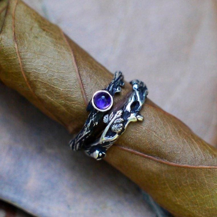 Sterling Silver Set of 2 Dew+Mio Rings with Amethyst - blacktreelab