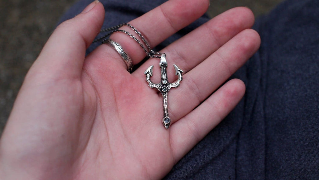 Sterling Silver "Trishul" Pendant with Aquamarines - blacktreelab