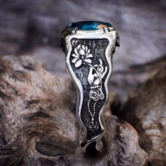 Swiss Blue Topaz ring «Mudra» with Buddha hand - blacktreelab
