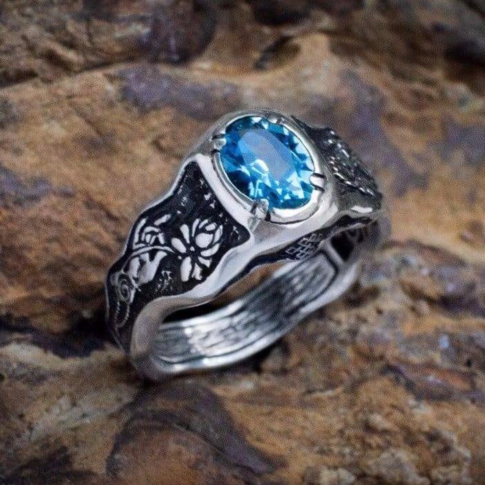 Swiss Blue Topaz ring «Mudra» with Buddha hand - blacktreelab