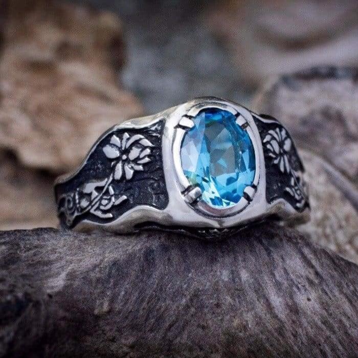 Swiss Blue Topaz ring «Mudra» with Buddha hand - blacktreelab