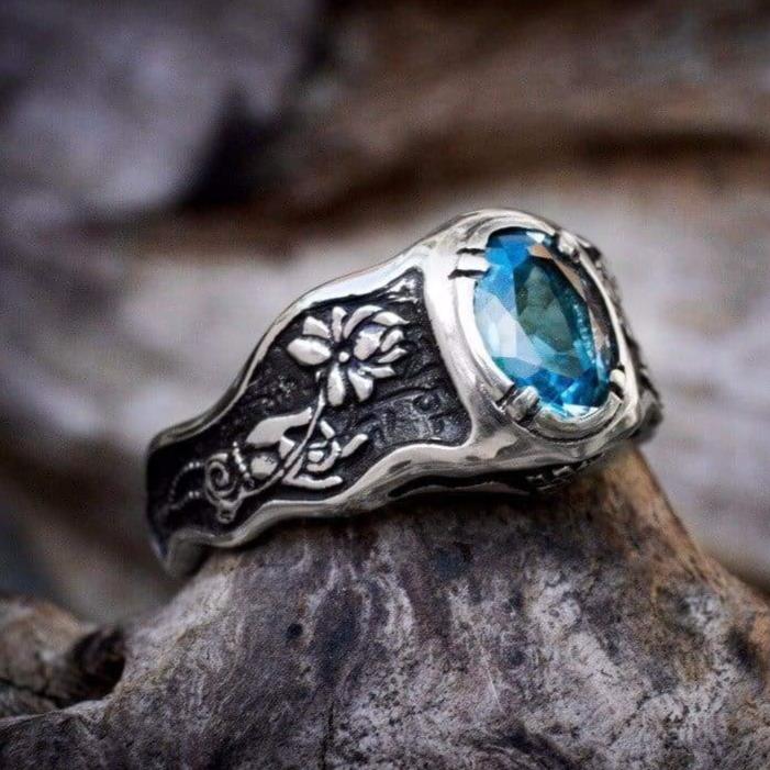 Swiss Blue Topaz ring «Mudra» with Buddha hand - blacktreelab