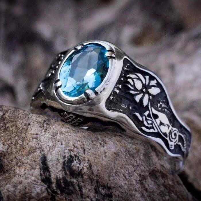 Swiss Blue Topaz ring «Mudra» with Buddha hand - blacktreelab